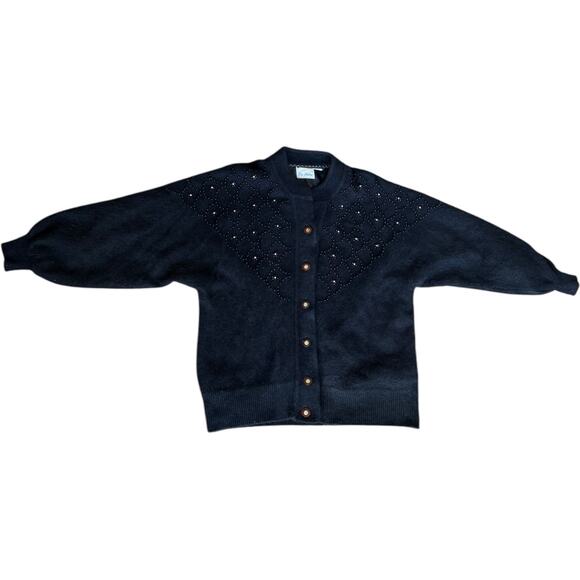 Vtg Sia Bellini black Floral Jeweled Rabbit Hair Wool Blend Cardigan Large - Picture 6 of 16
